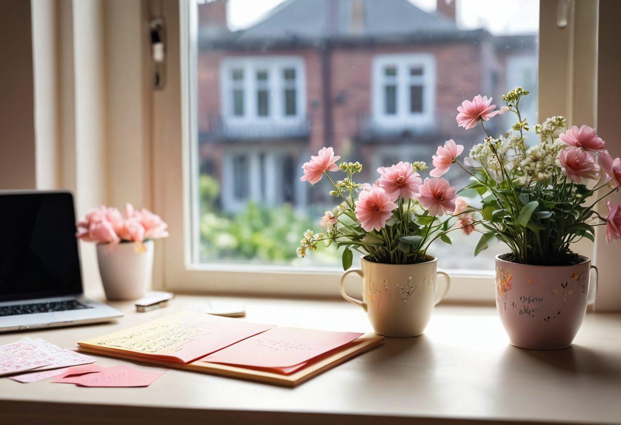 A cozy workspace adorned with enchanting romantic desktop backgrounds featuring soft pastel colors, delicate floral patterns, and heart motifs. Include a stylish desk with a laptop showing a vivid love-themed wallpaper, a steaming cup of tea, and scattered love letters for an affectionate vibe. Soft natural light filtering through a window to enhance the warmth of the scene. Include subtle elements like a heart-shaped plant and a romantic quote on a sticky note. super-realistic. vibrant colors. soft focus.