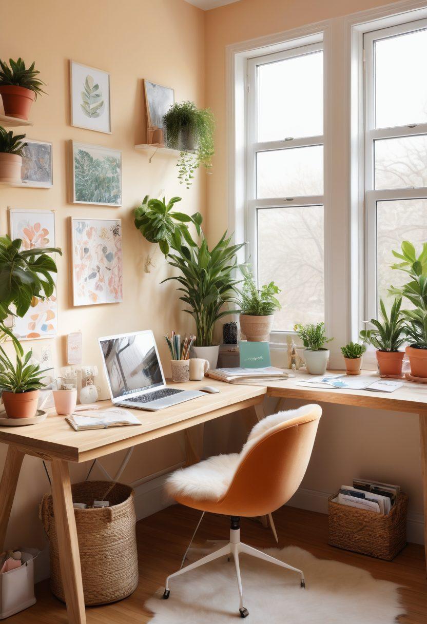 A cozy and inviting workspace filled with personalized graphics reflecting love and creativity. Picture charming art prints, soft color palettes, and decor elements like heart-shaped cushions. Include a workspace with a desk adorned with plants, stationery, and a laptop showcasing graphic design software. Illustrate a warm, sunny atmosphere through large windows. soft focus. vibrant colors. cozy aesthetic.