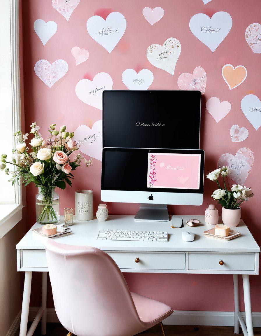 A cozy workspace featuring a computer screen displaying a romantic wallpaper with soft pastel colors and hearts. Surrounding the desk are beautiful floral decorations and a small vase with fresh flowers. On the wall behind, framed loving quotes in elegant typography are displayed. The atmosphere should feel warm and inviting, evoking a sense of romance and personalization. super-realistic. vibrant colors. soft focus.
